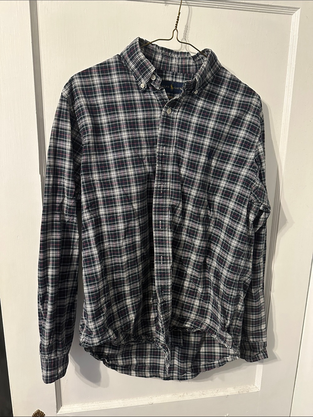 Ralph Lauren Men's Plaid Button-Down Shirt in Navy, Green, and White